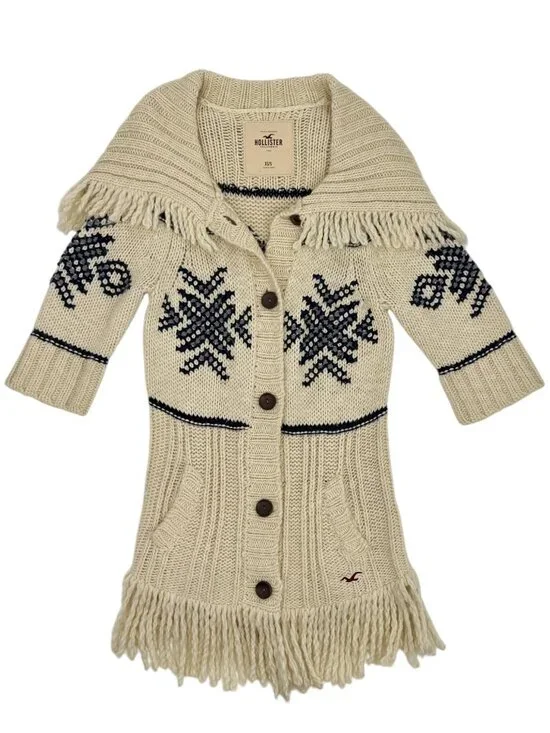 RARE Hollister Fringe Hem Cream Cardigan | Boho Indie Sleaze Coastal Cowgirl Y2K - Picture 13 of 16